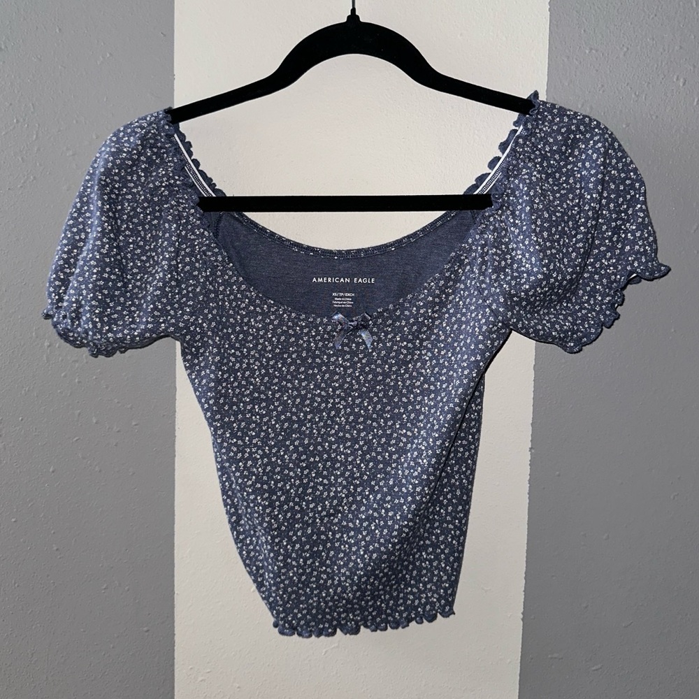 Blue Floral Print Short Sleeved Top